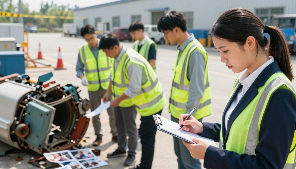 A professional accident investigation scene at a workplace, focusing on a group of diverse investigators examining evidence. In the foreground, a focused investigator in business attire meticulously notes observations on a clipboard. In the middle, several team members in reflective vests examine an overturned piece of machinery, while others gather evidence, such as photographs of the scene. The background reveals an industrial setting with safety cones and caution tape indicating the area is under inspection. The lighting is bright and clear, reflecting a daytime scene, with natural sunlight creating soft shadows. Overall, the mood is serious and methodical, conveying the importance of thorough investigation in understanding workplace accidents.