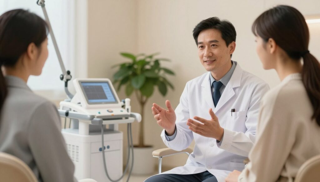 A professional aesthetic medicine doctor in a modern clinic setting, discussing collaboration models with a patient. The foreground features the doctor, dressed in a smart business casual outfit, using gestures to explain a treatment plan, with a friendly and approachable demeanor. In the middle ground, a well-appointed consultation area with state-of-the-art medical equipment and a comfortable chair for the patient. The background showcases soft, calming colors on the walls, with potted plants adding a touch of greenery, creating a serene atmosphere. Soft lighting enhances the professional yet welcoming environment, captured with a slight depth of field to focus on the doctor and patient interaction.