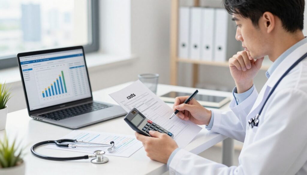 A professional and detailed illustration focusing on the concept of "costs" associated with working as a doctor in Germany. In the foreground, include a doctor in a white coat, holding a calculator and paperwork, looking thoughtfully at a budget plan. In the middle ground, depict a well-organized office space, featuring a desk with financial reports, a laptop displaying a cost analysis chart, and a stethoscope laid out, symbolizing the medical profession. The background should be softly lit with a view of a city skyline, hinting at Germany, to add context. The atmosphere should feel focused and determined, conveying the importance of financial awareness. Use natural lighting to enhance the professional ambiance. A professional and detailed illustration focusing on the concept of "costs" associated with working as a doctor in Germany. In the foreground, include a doctor in a white coat, holding a calculator and paperwork, looking thoughtfully at a budget plan. In the middle ground, depict a well-organized office space, featuring a desk with financial reports, a laptop displaying a cost analysis chart, and a stethoscope laid out, symbolizing the medical profession. The background should be softly lit with a view of a city skyline, hinting at Germany, to add context. The atmosphere should feel focused and determined, conveying the importance of financial awareness. Use natural lighting to enhance the professional ambiance.