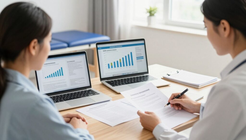 A professional and modern workspace illustrating various employment models in the field of physiotherapy. In the foreground, a well-dressed physiotherapist in business attire discusses with a client, examining paperwork related to employment contracts. In the middle ground, a desk cluttered with documents features a laptop displaying graphs of earnings and employment types, including B2B contracts and civil law agreements. The background should include a bright, welcoming clinic environment with windows letting in soft natural light. Use a warm color palette to create an inviting mood. Capture the scene from a slightly elevated angle to encompass all layers, focusing on their interaction, the workspace details, and the atmosphere of professionalism and exploration in their discussion.
