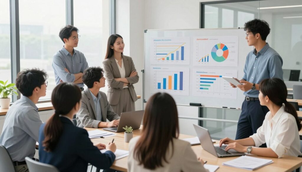 A professional and modern workspace showcasing various career paths, with a diverse group of young adults in the foreground. They are engaged in discussions, dressed in professional business attire, exuding a collaborative atmosphere. In the middle ground, a large whiteboard displays colorful charts and graphs illustrating job market trends and study fields. The background features a modern office with tall windows allowing natural light to stream in, creating an inviting and vibrant ambiance. The image is captured from a slightly elevated angle, emphasizing the interaction among the individuals while providing a clear view of the whiteboard. The overall mood is optimistic and forward-thinking, symbolizing the potential future career opportunities stemming from higher education choices.