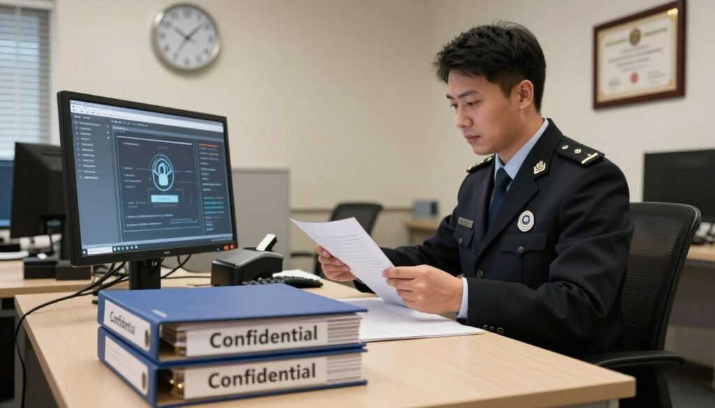 A professional and organized office space, focusing on document security. In the foreground, a well-lit desktop with a stack of secured folders, labeled with the word "Confidential" in bold letters. A desktop computer displays a digital interface showing encryption protocols, emphasizing data protection. In the middle, a security officer in professional attire, actively reviewing documents and using a secure scanner. The background features a wall clock ticking, signaling the importance of time in security compliance, with a certificate of achievement framed on the wall, representing qualifications for candidates. Use soft, warm lighting to create a focused and serious atmosphere, simulating a productive working environment. The angle should be slightly elevated to capture both the desk and the officer's engaged expression. A professional and organized office space, focusing on document security. In the foreground, a well-lit desktop with a stack of secured folders, labeled with the word "Confidential" in bold letters. A desktop computer displays a digital interface showing encryption protocols, emphasizing data protection. In the middle, a security officer in professional attire, actively reviewing documents and using a secure scanner. The background features a wall clock ticking, signaling the importance of time in security compliance, with a certificate of achievement framed on the wall, representing qualifications for candidates. Use soft, warm lighting to create a focused and serious atmosphere, simulating a productive working environment. The angle should be slightly elevated to capture both the desk and the officer's engaged expression.