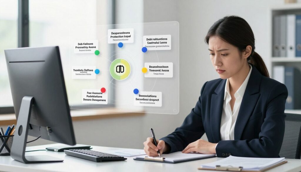 A professional and serene office environment, featuring a modern desk with a neatly arranged computer and paperwork, symbolizing a complaint against a debt collection agency. In the foreground, a businesswoman dressed in smart attire, looking focused and taking notes, with a determined expression on her face. In the middle ground, a transparent map highlighting various institutions, such as consumer protection agencies and legal offices, pinned with colorful markers, indicating places to report harassment. The background shows a soft-focus window with natural light streaming in, creating an atmosphere of hope and resilience, while maintaining an air of professionalism and calm. The overall mood conveys empowerment and the importance of taking action against unfair practices.