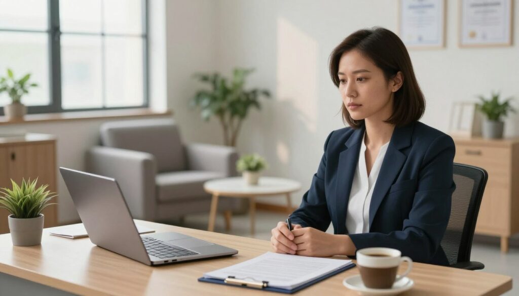 A professional and serene office setting depicting a clinical psychologist's workspace. In the foreground, a neatly organized desk featuring a laptop, notepads, and a cup of coffee, symbolizing their profession. The middle ground showcases a comfortable therapy chair paired with a small, inviting coffee table. In the background, soft, natural light filters through a large window, illuminating the room with a warm atmosphere. Subtle decorations like potted plants and framed certificates on the walls suggest a professional yet welcoming environment. The overall mood is calm and introspective, reflecting the serious nature of mental health work. The image excludes any human figures, maintaining a focus on the environment that embodies the essence of clinical psychology in the public sector. A professional and serene office setting depicting a clinical psychologist's workspace. In the foreground, a neatly organized desk featuring a laptop, notepads, and a cup of coffee, symbolizing their profession. The middle ground showcases a comfortable therapy chair paired with a small, inviting coffee table. In the background, soft, natural light filters through a large window, illuminating the room with a warm atmosphere. Subtle decorations like potted plants and framed certificates on the walls suggest a professional yet welcoming environment. The overall mood is calm and introspective, reflecting the serious nature of mental health work. The image excludes any human figures, maintaining a focus on the environment that embodies the essence of clinical psychology in the public sector.