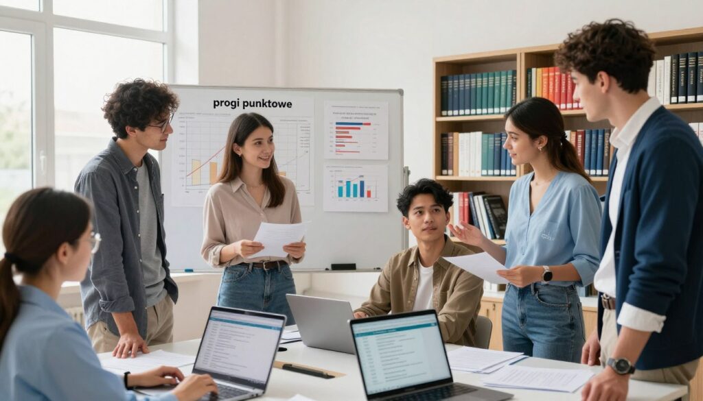 A professional and vibrant study environment depicting "progi punktowe" and academic achievement in veterinary studies. In the foreground, a diverse group of students dressed in smart casual attire stands around a table filled with papers and laptop screens displaying admissions data. The middle-ground features a large whiteboard filled with charts and graphs illustrating score thresholds and requirements, while a bookshelf filled with veterinary textbooks adds depth. In the background, a window allows natural light to pour in, creating a bright and optimistic atmosphere. The angle is slightly angled down to focus on the students' engaged discussions. The overall mood is encouraging and focused, symbolizing the determination and hopes of students achieving their veterinary education goals.
