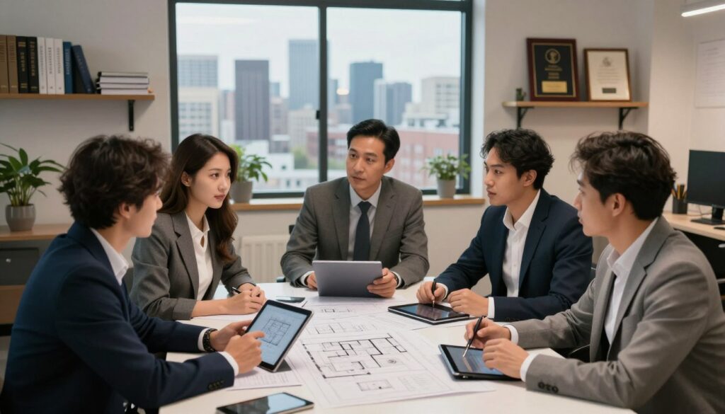 A professional architect's office scene showcasing varying employment forms and their impact on architects' salaries. In the foreground, a diverse group of architects (two men and two women) in smart business attire are engaged in a discussion around a table filled with architectural plans and digital tablets. The middle layer features a large window displaying a city skyline, symbolizing the urban environment architects work in. The background comprises shelves with architectural books and framed awards, adding to the professional atmosphere. The lighting is soft and warm, suggesting a productive and collaborative mood. The angle is slightly above eye level, providing a comprehensive view of the workspace and the engaged discussions. The scene captures the essence of employment forms in architecture.