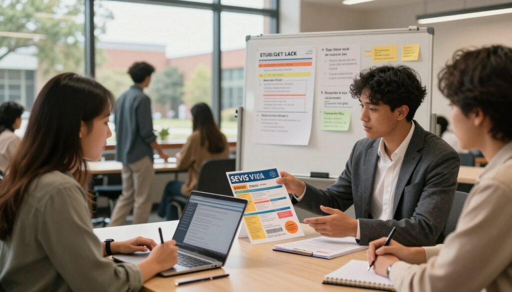 A professional atmosphere capturing a modern university office setting, with a focus on a diverse group of students engaged in an informative discussion about studying abroad. In the foreground, a young woman in smart casual attire is taking notes on a laptop, while a young man in a blazer gestures towards a colorful, detailed brochure about SEVIS and visa processes. In the middle, a whiteboard filled with planning notes and study materials highlights budgeting tips. In the background, large windows reveal a bustling campus with students walking, suggesting a vibrant educational environment. The lighting is warm and inviting, with soft shadows adding depth, creating a mood of motivation and aspiration in pursuit of academic dreams.