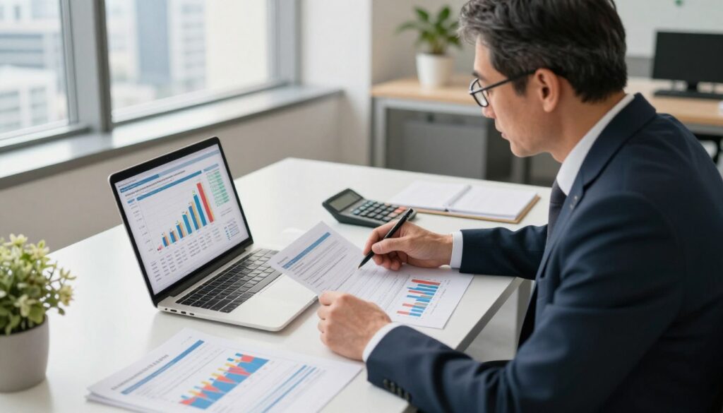 A professional auditor in business attire, analyzing financial reports at a stylish office desk, surrounded by charts and graphs illustrating salary trends in Poland. In the foreground, the auditor, a middle-aged individual with glasses, is focused on a laptop screen displaying vivid data. In the middle ground, various pieces of paper and a calculator hint at the auditing process, while a window in the background reveals a bustling city skyline, symbolizing the job market. The lighting is bright and warm, creating an inspiring and motivating atmosphere, captured from a slightly elevated angle to emphasize professionalism and diligence. The image conveys a sense of success and opportunity in the auditing profession. A professional auditor in business attire, analyzing financial reports at a stylish office desk, surrounded by charts and graphs illustrating salary trends in Poland. In the foreground, the auditor, a middle-aged individual with glasses, is focused on a laptop screen displaying vivid data. In the middle ground, various pieces of paper and a calculator hint at the auditing process, while a window in the background reveals a bustling city skyline, symbolizing the job market. The lighting is bright and warm, creating an inspiring and motivating atmosphere, captured from a slightly elevated angle to emphasize professionalism and diligence. The image conveys a sense of success and opportunity in the auditing profession.