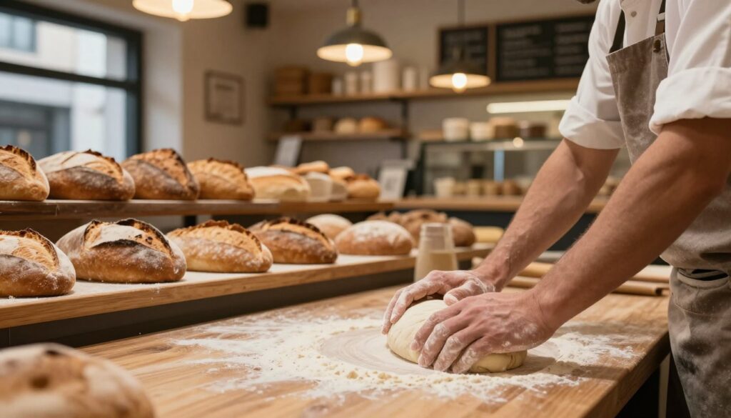 A professional baker in a cozy urban bakery, skillfully kneading dough on a wooden countertop. In the foreground, focus on the baker's hands, dusted with flour, showcasing experience and dedication. The middle ground features freshly baked bread loaves on a shelf, with a variety of shapes and sizes illustrating the craft. The background reveals a charming bakery interior, with warm lighting emanating from pendant lamps, creating an inviting atmosphere. Soft shadows enhance the textures of the bakery’s rustic decor. Capture this scene from a slightly elevated angle to highlight the immersive environment. The overall mood is warm and industrious, reflecting the fruitful revenue potential of skilled bakers in distinct urban settings.