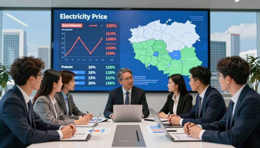 A professional business environment depicting the concept of electricity pricing for companies in Poland. In the foreground, a diverse group of business professionals in formal attire are engaged in a discussion around a modern conference table, with charts and graphs illustrating electricity costs visible in the foreground. The middle ground features a large digital display showing fluctuating electricity rates, with a map of Poland highlighting different regions. The background includes an office skyline with high-rise buildings under a clear blue sky, symbolizing stability and progress. Soft, natural lighting illuminates the scene, creating a professional and focused atmosphere, captured at eye level to emphasize the collaboration and discussion among the team. A professional business environment depicting the concept of electricity pricing for companies in Poland. In the foreground, a diverse group of business professionals in formal attire are engaged in a discussion around a modern conference table, with charts and graphs illustrating electricity costs visible in the foreground. The middle ground features a large digital display showing fluctuating electricity rates, with a map of Poland highlighting different regions. The background includes an office skyline with high-rise buildings under a clear blue sky, symbolizing stability and progress. Soft, natural lighting illuminates the scene, creating a professional and focused atmosphere, captured at eye level to emphasize the collaboration and discussion among the team.