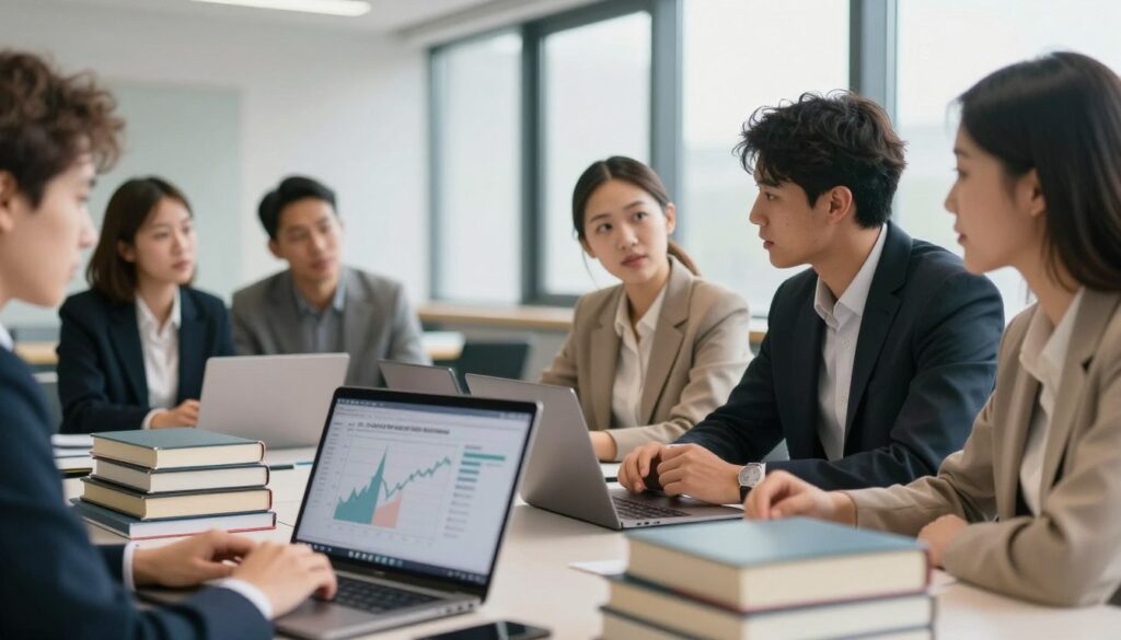A professional business setting featuring a group of diverse MBA students in Poland, engaged in a lively discussion around a table stacked with books and laptops. The foreground shows a close-up of a laptop screen displaying a financial chart, symbolizing the cost of MBA studies. In the middle, the students—wearing smart business attire—are deep in conversation, with expressions of determination and focus. The background includes a modern classroom with large windows letting in soft, natural light, creating a warm and inspiring atmosphere. The overall composition should evoke a sense of ambition, learning, and professional growth, with a slight depth of field to emphasize the students while subtly blurring the background.