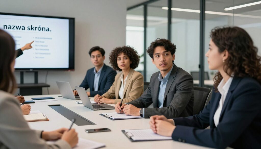 A professional business setting showcasing a diverse group of individuals in smart casual attire engaged in a discussion about company branding. In the foreground, a confident woman points at a screen displaying different company names, illustrating the concept of "nazwa skrócona." The middle ground features a diverse group of people—men and women of various ethnicities—sitting around a modern conference table, actively participating. The background includes a sleek office environment with large windows, allowing natural light to filter in, casting soft shadows. Lens focus is moderate to highlight the group's expressions while providing a slight blur to the background. The overall mood is collaborative and insightful, emphasizing the importance of branding in business.