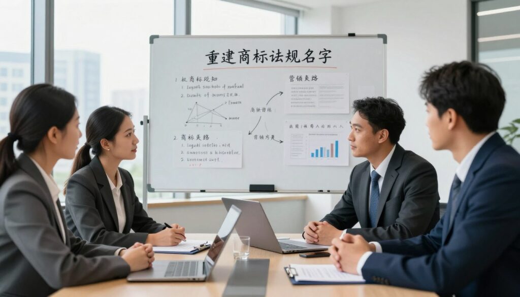 A professional business setting showcasing the concept of "legal safety of business names". In the foreground, a diverse group of four professionals discussing at a modern conference table, with a laptop and legal documents spread out. They are dressed in smart business attire, conveying a sense of formality and seriousness. In the middle ground, a large whiteboard displays brainstorming notes about trademark regulations and marketing strategies, with diagrams and charts visible. The background features large windows with city views, letting soft natural light illuminate the room, creating a productive and collaborative atmosphere. The overall mood is focused and optimistic, reflecting the themes of innovation and careful planning in the business world.