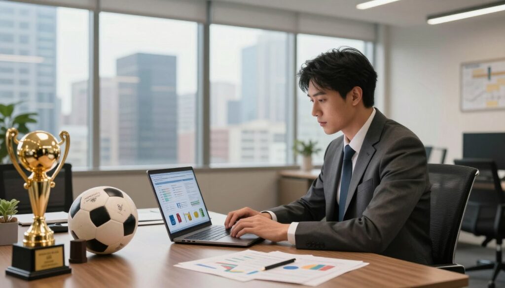 A professional businessman sitting in a modern office, surrounded by financial charts and graphs. He is wearing a well-tailored suit and focused on a laptop displaying diverse income streams like investments, sponsorship deals, and merchandise. The foreground features golden trophies and football memorabilia symbolizing success in sports and business. In the middle, a large window overlooks a bustling city skyline, suggesting a cosmopolitan lifestyle. Soft, warm lighting fills the room, creating an inviting and ambitious atmosphere. The camera is angled slightly above eye level, giving a sense of elevation and achievement. The overall mood is one of aspiration and financial prowess, emphasizing the concept of additional sources of income beyond a primary salary.