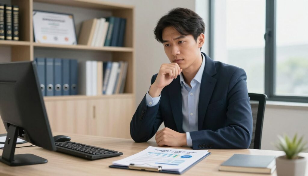 A professional clinical psychologist sitting at a desk in a modern office setting, reflecting on the concept of minimum wage. The foreground features a clipboard with statistics on clinical psychologist salaries, emphasizing the figures clearly. In the middle, the psychologist, dressed in smart business attire, appears engaged in thought, with a focused expression. In the background, shelves filled with psychology books and certificates create a scholarly atmosphere. Soft, natural lighting streams through a large window, casting gentle shadows. The overall mood is serious yet hopeful, conveying the professional environment and the importance of mental health care in the public sector. The composition should be framed to highlight the psychologist and the statistics effectively, while ensuring a clean and professional appearance.