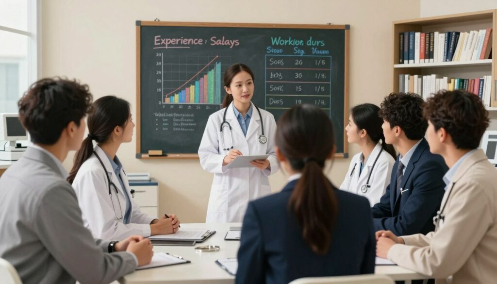 A professional doctor in a well-lit clinic setting, discussing factors affecting medical salaries with a small group of attentive colleagues. The foreground features a diverse group of medical professionals in smart business attire, engaged in conversation. In the middle ground, a large chalkboard displays colorful graphs and charts illustrating salary factors such as experience, specialization, location, and working hours. The background shows a modern clinic with medical equipment and bookshelves filled with medical literature. The lighting is warm and inviting, creating a collaborative atmosphere. The angle captures the interaction, emphasizing the importance of teamwork in understanding salary dynamics in healthcare. A professional doctor in a well-lit clinic setting, discussing factors affecting medical salaries with a small group of attentive colleagues. The foreground features a diverse group of medical professionals in smart business attire, engaged in conversation. In the middle ground, a large chalkboard displays colorful graphs and charts illustrating salary factors such as experience, specialization, location, and working hours. The background shows a modern clinic with medical equipment and bookshelves filled with medical literature. The lighting is warm and inviting, creating a collaborative atmosphere. The angle captures the interaction, emphasizing the importance of teamwork in understanding salary dynamics in healthcare.