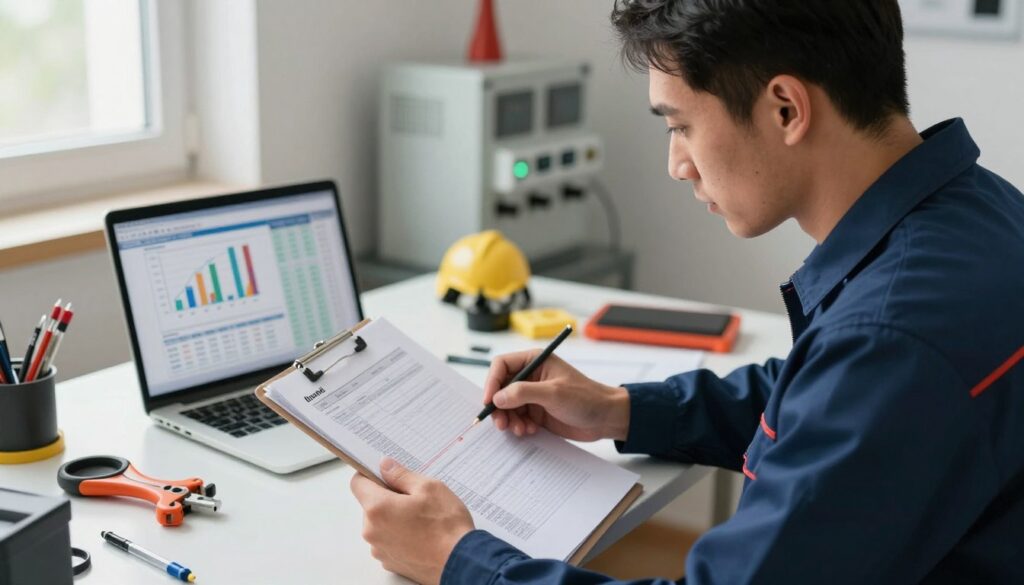 A professional electrician at work, studying a set of financial documents on a clipboard, showcasing a clear distinction between gross (brutto) and net (netto) earnings. In the foreground, the electrician, dressed in a neat uniform, focuses on the charts, with an expression of concentration. In the middle ground, there’s a modern workspace filled with tools and a laptop displaying graphs and calculations related to salary. The background features out-of-focus electrical equipment and work-related materials, suggesting an active work environment. Soft, natural lighting from a nearby window illuminates the workspace, creating a professional and serious atmosphere, while maintaining clarity in all details and expressions. A professional electrician at work, studying a set of financial documents on a clipboard, showcasing a clear distinction between gross (brutto) and net (netto) earnings. In the foreground, the electrician, dressed in a neat uniform, focuses on the charts, with an expression of concentration. In the middle ground, there’s a modern workspace filled with tools and a laptop displaying graphs and calculations related to salary. The background features out-of-focus electrical equipment and work-related materials, suggesting an active work environment. Soft, natural lighting from a nearby window illuminates the workspace, creating a professional and serious atmosphere, while maintaining clarity in all details and expressions.