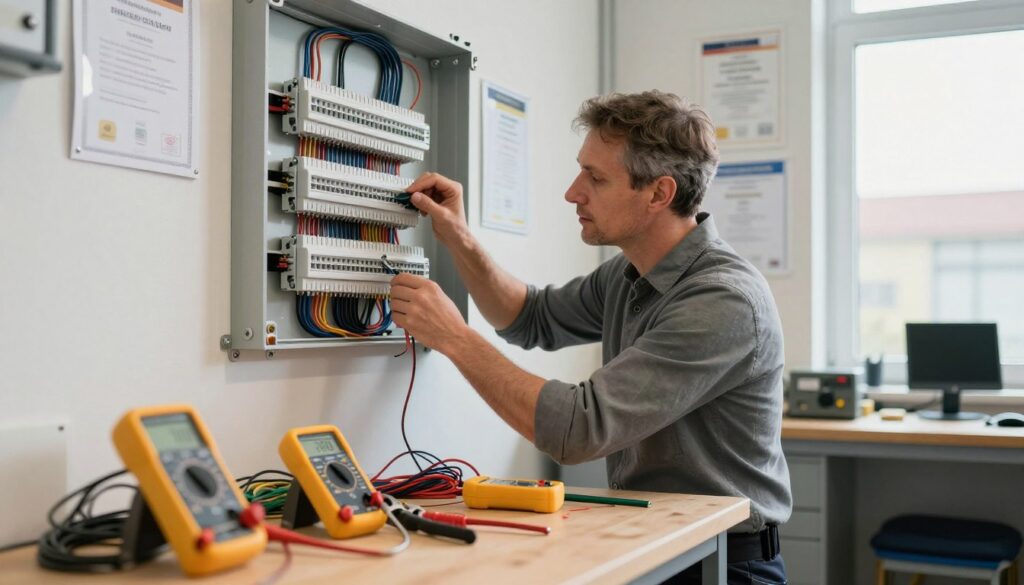 A professional electrician in a modern workshop, deeply focused on diagnosing electrical equipment. In the foreground, a well-organized workbench displays tools like pliers, multimeter, and wires, symbolizing the skill set of the trade. In the middle, the electrician, a middle-aged Caucasian man in business casual attire, inspects a complex wiring system on the wall with a look of concentration. The background features certificates on the wall showcasing qualifications and experience, reinforcing the importance of training and expertise. Soft, natural lighting streams through a window, creating a warm, inviting atmosphere. The overall mood conveys dedication, professionalism, and the importance of factors affecting an electrician's earnings in Germany. A professional electrician in a modern workshop, deeply focused on diagnosing electrical equipment. In the foreground, a well-organized workbench displays tools like pliers, multimeter, and wires, symbolizing the skill set of the trade. In the middle, the electrician, a middle-aged Caucasian man in business casual attire, inspects a complex wiring system on the wall with a look of concentration. The background features certificates on the wall showcasing qualifications and experience, reinforcing the importance of training and expertise. Soft, natural lighting streams through a window, creating a warm, inviting atmosphere. The overall mood conveys dedication, professionalism, and the importance of factors affecting an electrician's earnings in Germany.