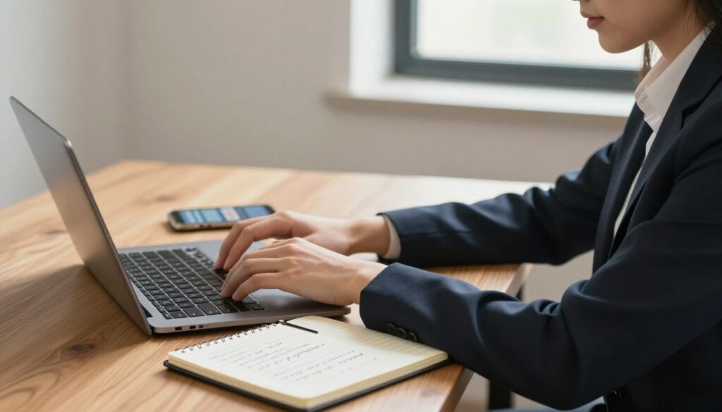 A professional email composition scene depicting a clean, organized workspace. In the foreground, a person dressed in smart business attire is seated at a sleek wooden desk, typing thoughtfully on a laptop. Their focused expression conveys intent and purpose. On the desk, an open notebook displays neatly handwritten notes about job applications. In the middle ground, a smartphone rests beside the laptop, showing a blurred notification of a potential job opportunity, adding a sense of urgency. The background features a well-lit room with soft, natural light coming through a window, casting gentle shadows that enhance the calm and professional atmosphere. The overall mood is one of determination and clarity, emphasizing the importance of crafting an effective email. A professional email composition scene depicting a clean, organized workspace. In the foreground, a person dressed in smart business attire is seated at a sleek wooden desk, typing thoughtfully on a laptop. Their focused expression conveys intent and purpose. On the desk, an open notebook displays neatly handwritten notes about job applications. In the middle ground, a smartphone rests beside the laptop, showing a blurred notification of a potential job opportunity, adding a sense of urgency. The background features a well-lit room with soft, natural light coming through a window, casting gentle shadows that enhance the calm and professional atmosphere. The overall mood is one of determination and clarity, emphasizing the importance of crafting an effective email.