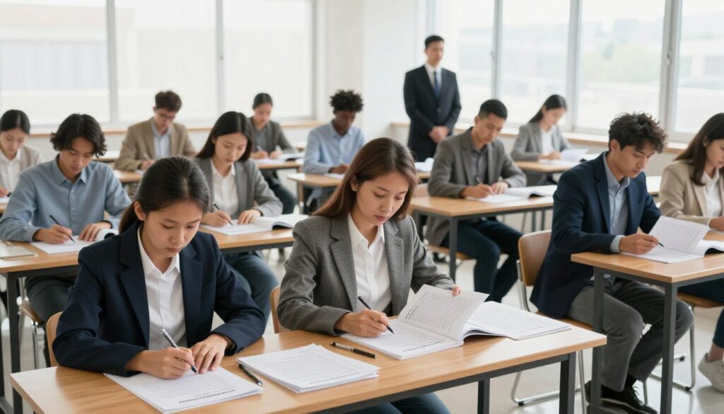 A professional exam setting featuring a diverse group of candidates seated at neatly arranged wooden desks, each focused on their written exams for state certification as property valuers. In the foreground, a middle-aged woman in business attire diligently writes notes, while a young man in a suit consults his textbook. The middle ground showcases a large examination room filled with bright, natural light from tall windows, illuminating the candidates. In the background, a proctor walks between the rows, maintaining an atmosphere of seriousness and focus. The overall mood is one of determination and professionalism, with well-organized papers and stationery on each desk, creating a sense of a significant moment in their careers. The perspective is slightly elevated, capturing both the candidates and the spacious environment. A professional exam setting featuring a diverse group of candidates seated at neatly arranged wooden desks, each focused on their written exams for state certification as property valuers. In the foreground, a middle-aged woman in business attire diligently writes notes, while a young man in a suit consults his textbook. The middle ground showcases a large examination room filled with bright, natural light from tall windows, illuminating the candidates. In the background, a proctor walks between the rows, maintaining an atmosphere of seriousness and focus. The overall mood is one of determination and professionalism, with well-organized papers and stationery on each desk, creating a sense of a significant moment in their careers. The perspective is slightly elevated, capturing both the candidates and the spacious environment.