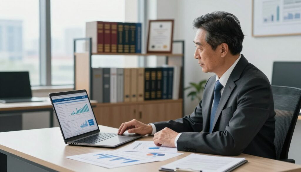 A professional financial advisor in a sleek office environment, seated at a modern desk surrounded by documents and charts related to financial regulations and investment funds. In the foreground, a laptop displays a detailed financial report. The advisor, a middle-aged individual in smart business attire, is focused on the screen, portraying a sense of diligence and expertise. In the middle ground, shelves lined with financial books and framed certificates showcase credibility. The background features a large window with a cityscape view, bathed in natural light, providing a bright and optimistic atmosphere. Soft shadows enhance the professional and serious tone, emphasizing the subject of financial security in debt collections, particularly regarding regulatory bodies like KNF.
