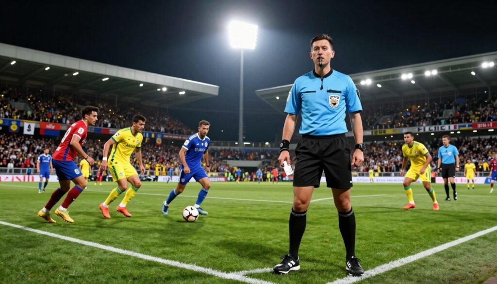 A professional football referee officiating an intense match in a high-stakes stadium environment, with vibrant floodlights illuminating the field, casting dynamic shadows. In the foreground, the referee is dressed in a sharp, modern kit, complete with a whistle and cards, focused on the action. The middle ground features players from both teams vying for the ball, showcasing their athleticism. In the background, a cheering crowd is visible, wearing team colors and holding banners, creating an atmosphere of excitement and passion. The image has a dramatic angle, highlighting the intensity of the game and the referee's authoritative presence. The overall mood is energetic and competitive, capturing the importance of officials in top-tier football. A professional football referee officiating an intense match in a high-stakes stadium environment, with vibrant floodlights illuminating the field, casting dynamic shadows. In the foreground, the referee is dressed in a sharp, modern kit, complete with a whistle and cards, focused on the action. The middle ground features players from both teams vying for the ball, showcasing their athleticism. In the background, a cheering crowd is visible, wearing team colors and holding banners, creating an atmosphere of excitement and passion. The image has a dramatic angle, highlighting the intensity of the game and the referee's authoritative presence. The overall mood is energetic and competitive, capturing the importance of officials in top-tier football.