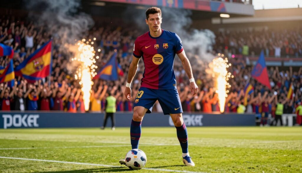 A professional footballer stands confidently on a lush green pitch, representing Robert Lewandowski in a dynamic pose, wearing a polished FC Barcelona uniform. In the foreground, the focus is on Lewandowski, showcasing his athletic build and determination, with the ball at his feet. The middle ground features a cheering crowd in vibrant team colors, emphasizing his popularity and status. In the background, a sunlit stadium is filled with fans, creating a thrilling atmosphere with flares and flags waving. The lighting is golden, suggesting a late afternoon match, casting dramatic shadows and highlighting the player’s features. The mood is energetic and inspiring, reflecting the excitement of the 2024/2025 season.