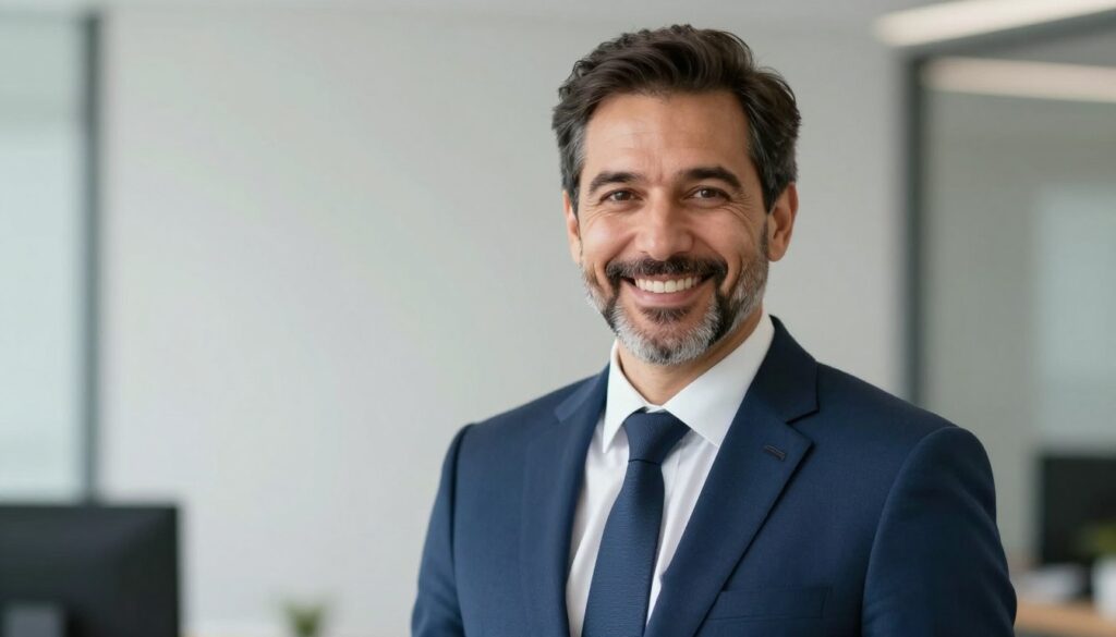 A professional headshot of a confident individual, featuring a middle-aged man with short dark hair and a light beard. He is dressed in a tailored navy blue suit with a crisp white shirt and a coordinating tie, posed against a softly blurred neutral background that implies a modern office setting. The lighting is bright and even, creating a natural glow on his face, accentuating his approachable smile. The camera angle is at eye level, capturing a warm yet authoritative expression that conveys professionalism. The overall mood is inviting and trustworthy, perfect for a CV photo that illustrates professionalism and authenticity.