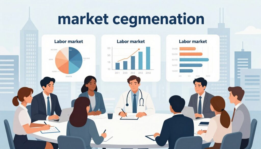 A professional illustration representing "market segmentation" in the labor market. In the foreground, diverse professionals in business attire engage in discussions, each representing different sectors such as technology, healthcare, and education. The middle ground features charts and graphs depicting labor market statistics and job types, symbolizing various categories of employment. The background is a stylized cityscape with corporate buildings, (elements suggesting urban employment). Soft, ambient lighting creates an optimistic atmosphere, highlighting the connections between these sectors. The image is captured from a slightly elevated angle, emphasizing the interaction among the individuals and the dynamic nature of the labor market. The overall mood is informative and professional, conveying a sense of analysis and understanding.