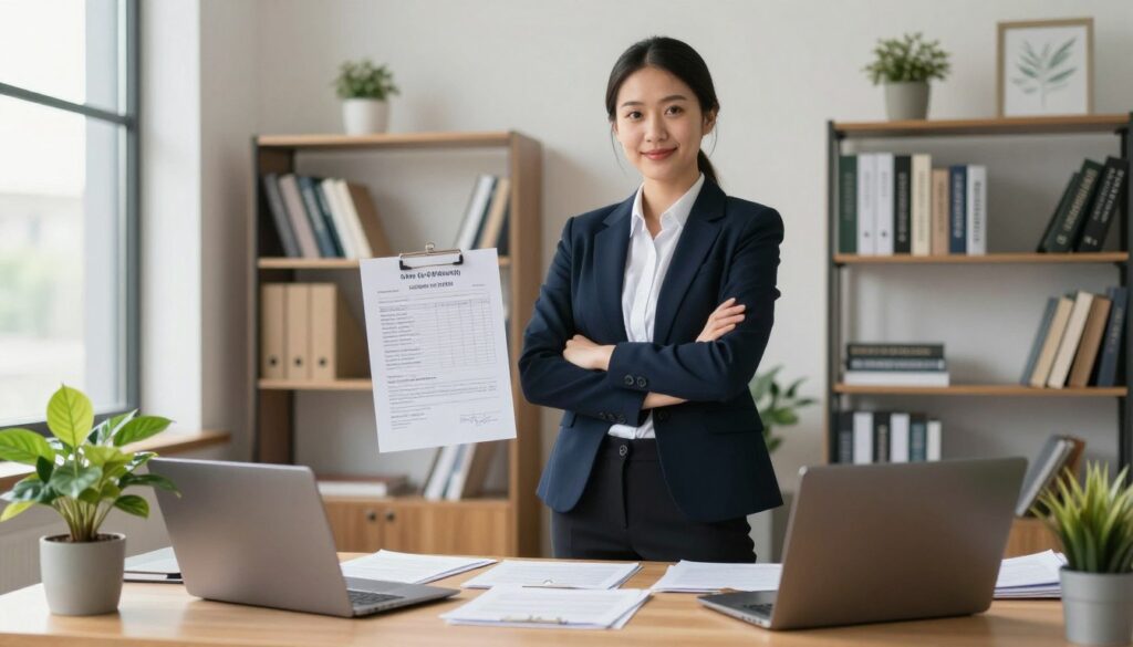 A professional individual standing confidently in an elegantly designed office space, with a focus on their well-organized desk showcasing academic materials and a glowing report card displaying high grades. The foreground features a vibrant plant and a sleek laptop, symbolizing ambition and productivity. In the middle ground, shelves filled with books on careers and success further emphasize the theme of achievement. The background includes a large window with soft, natural light streaming in, creating a warm and inviting atmosphere. The subject is dressed in smart business attire, conveying professionalism. The mood is inspiring and aspirational, reflecting the importance of high academic achievement in career pursuits, particularly internships and first jobs. A wide-angle lens captures the entire scene, ensuring a balanced composition.