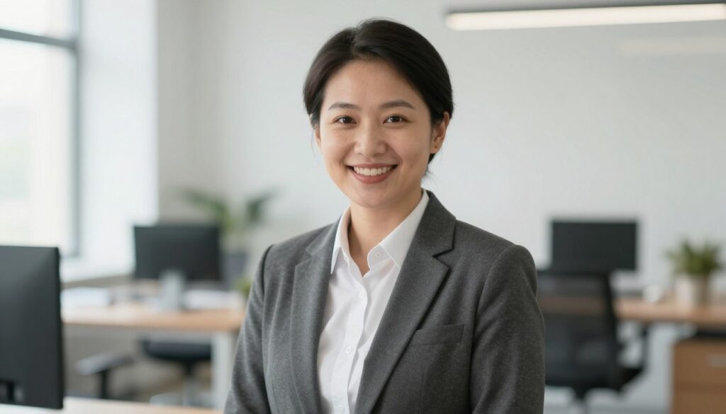A professional-looking individual with a warm smile, dressed in business attire, standing in a well-lit office environment. The subject is positioned slightly off-center, with their body turned at a comfortable angle to convey approachability, while maintaining a confident posture. Their facial expression reflects friendliness and professionalism, with bright eyes and a soft, engaging smile. The background features a softly blurred office setting with modern furniture and a hint of natural light filtering through a window, creating an inviting atmosphere. The lighting is bright yet soft to enhance the subject's features and eliminate harsh shadows, while a shallow depth of field keeps the focus on the person, ideal for a CV photo that appears both natural and polished. A professional-looking individual with a warm smile, dressed in business attire, standing in a well-lit office environment. The subject is positioned slightly off-center, with their body turned at a comfortable angle to convey approachability, while maintaining a confident posture. Their facial expression reflects friendliness and professionalism, with bright eyes and a soft, engaging smile. The background features a softly blurred office setting with modern furniture and a hint of natural light filtering through a window, creating an inviting atmosphere. The lighting is bright yet soft to enhance the subject's features and eliminate harsh shadows, while a shallow depth of field keeps the focus on the person, ideal for a CV photo that appears both natural and polished.