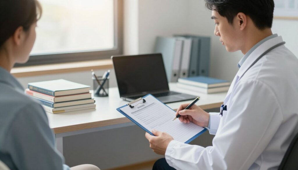 A professional medical office scene depicting a doctor consulting with a patient. The foreground features a doctor in a white coat, holding medical charts, examining the patient, who is seated and dressed in smart casual attire. The middle of the image includes a doctor's desk cluttered with medical books and a laptop, symbolizing the administrative aspect of occupational health. In the background, a window lets in soft, natural light, casting a warm glow over the room. The overall atmosphere is serious yet compassionate, illustrating the careful consideration of health issues that can prevent someone from working. The composition emphasizes professionalism and the importance of medical evaluations in the workplace.