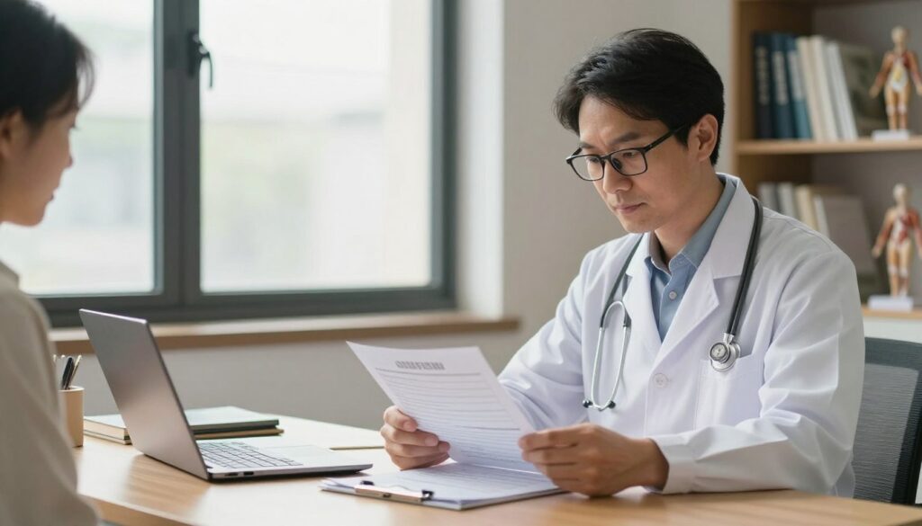 A professional medical office scene focused on a healthcare practitioner reviewing patient health records. In the foreground, a confident doctor in a white coat, wearing glasses, is examining a health report on a desk with a laptop and medical tools. In the middle, there is a large window letting in soft, natural light that illuminates the room. In the background, shelves filled with medical textbooks and a human anatomy model emphasize the clinical environment. The overall mood is calm and focused, conveying professionalism and trustworthiness, with warm colors to create an inviting atmosphere. The image should be well-lit, showcasing clear details of the doctor's attentive expression and the documents being analyzed.