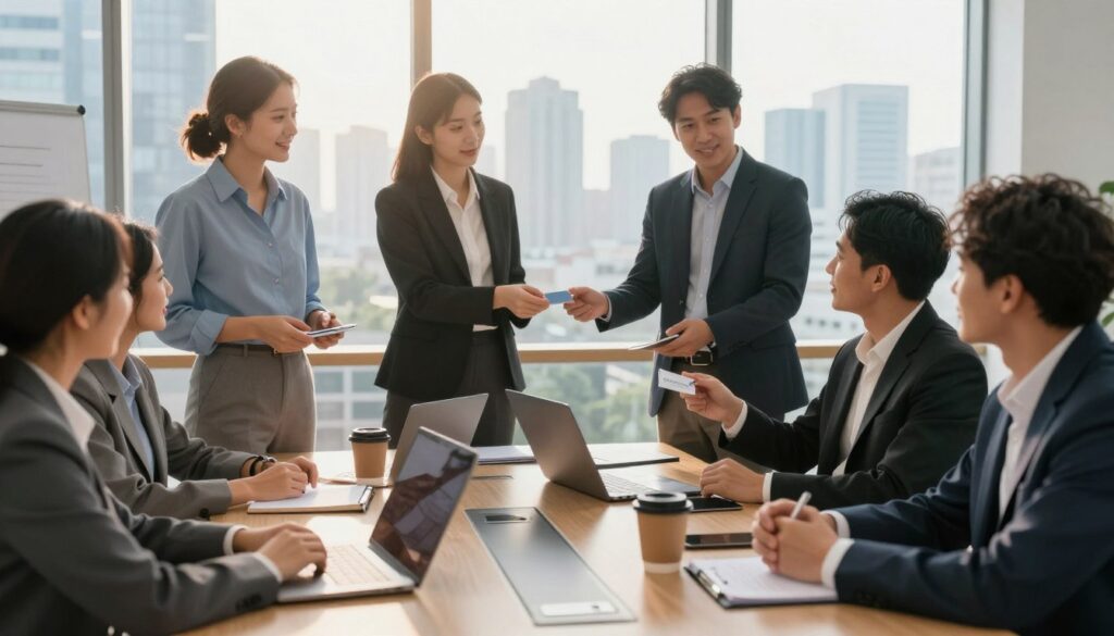A professional networking scene set in a modern office environment. In the foreground, a diverse group of professionals in business attire are engaged in a lively conversation, exchanging ideas and sharing business cards. In the middle, a sleek conference table with laptops, coffee cups, and notepads symbolizes collaboration. In the background, large windows reveal a bustling city skyline, bathed in warm afternoon sunlight that creates a bright and optimistic atmosphere. Soft shadows and natural light enhance the professional ambience. Focus on the expressions of connection and enthusiasm among the individuals, emphasizing the benefits of networking for career and company development. The overall mood is energetic, inspiring, and forward-thinking.