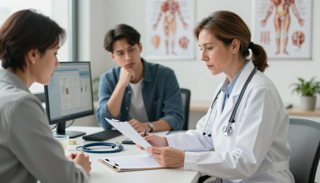 A professional occupational medicine physician in a modern clinic setting. In the foreground, the doctor, a middle-aged Caucasian woman in a white lab coat, is analyzing a medical report while attentively looking at a patient. The patient, a young man in business casual attire, appears anxious yet focused. In the middle ground, examine a desk cluttered with medical tools, a stethoscope, and a computer displaying medical charts. The background features an anatomical poster on the wall and a potted plant, adding a touch of warmth to the clinical environment. Soft, natural lighting filters through a window, creating a calm and professional atmosphere, emphasizing the seriousness of the consultation regarding the patient's work fitness.