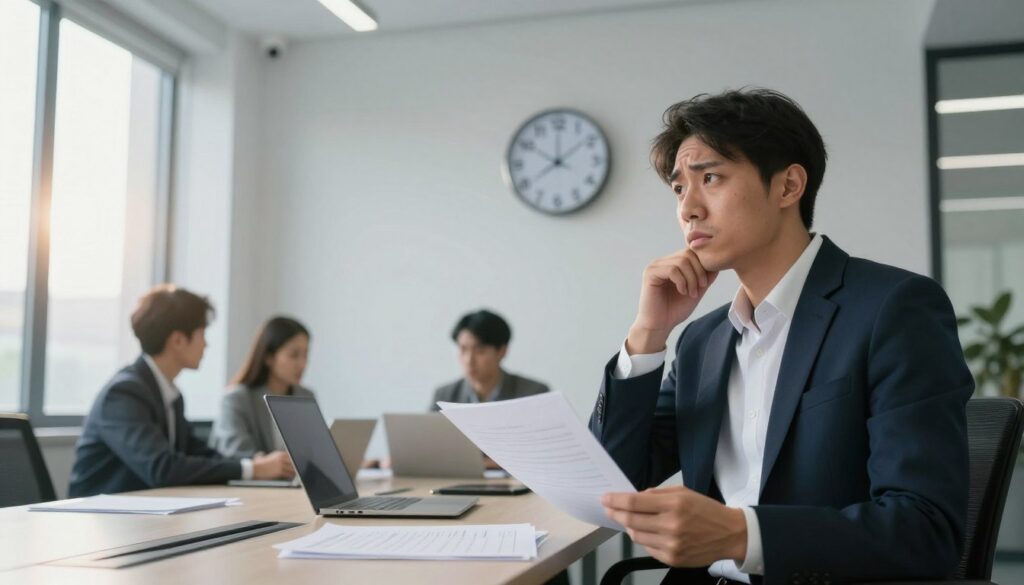 A professional office environment depicting a concerned employee looking at a digital clock on the wall showing different working hours. In the foreground, the employee, dressed in formal business attire, looks worried as they hold a document in their hand, symbolizing uncertainty and the impact of changing work hours. In the middle ground, a modern conference table with laptops and papers scattered, illustrating a discussion about work schedules. The background features large windows with the soft glow of sunlight filtering through, creating an atmosphere of contemplation and tension. The scene has a balanced, calm lighting, capturing the seriousness of workplace dynamics and the challenges of altering work hours. The angle is slightly elevated, providing a clear view of both the employee's expression and the office setup.