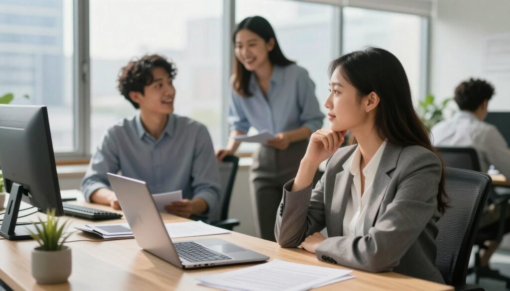A professional office environment depicting a diverse group of employees engaged in conversation. In the foreground, a woman in business attire, looking thoughtful, is seated at a desk with a laptop open, papers scattered around, indicating her recent entry into the workplace. In the middle ground, two colleagues, one male and one female, are discussing something cheerfully, hinting at workplace camaraderie. The background features large windows with a city view, letting in natural light, creating a warm and inviting atmosphere. Soft shadows play across the room, emphasizing the sense of a busy yet friendly office. The overall mood is professional yet relaxed, suggesting that taking a vacation during the first month of work is a thoughtful consideration.