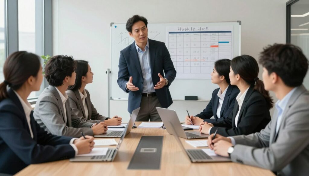 A professional office environment depicting a formal meeting room with a large conference table in the foreground. A diverse group of business professionals, dressed in business attire, are engaged in discussion about work hours. One person stands at the head of the table, gesturing confidently while others listen attentively. In the background, a whiteboard displays charts and schedules, subtly indicating a change in work hours. Soft, natural lighting filters through large windows, illuminating the scene and creating a productive atmosphere. The overall mood is serious yet collaborative, focusing on mutual understanding and negotiation. The angle captures the interaction dynamically, emphasizing the importance of consent in workplace changes.