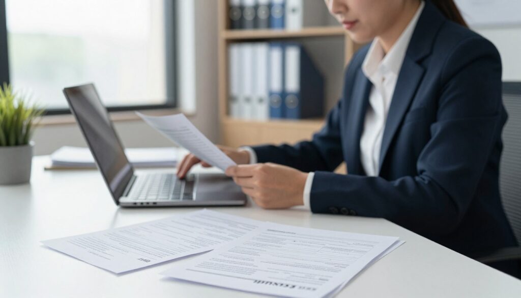 A professional office environment depicting a person, dressed in business attire, sitting at a modern desk filled with documents and a laptop, focusing intently on their work. The foreground features neatly organized paperwork, highlighting official forms related to rehabilitation benefits. In the middle ground, the individual is seen reviewing materials on the computer screen with a look of concentration. The background shows shelves filled with files and a large window allowing soft, natural light to illuminate the workspace, creating a bright and positive atmosphere. The overall mood is one of diligence and clarity, reflecting the importance of submitting documents for rehab benefits through PUE/eZUS. The image captures the essence of professional workflow and procedural compliance.