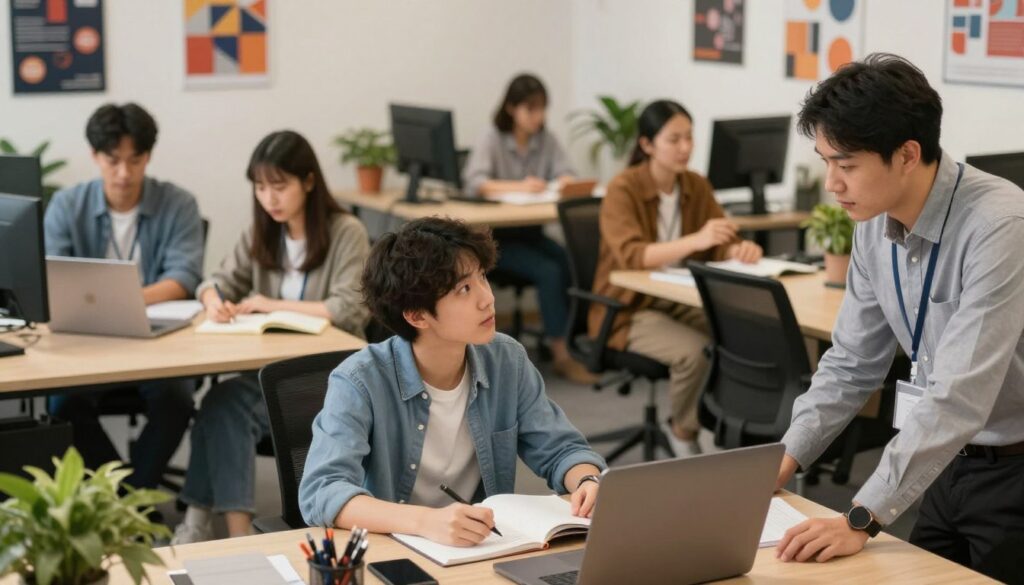 A professional office environment during a busy workday, focusing on a young person in smart casual attire, engaged in a training session. In the foreground, the trainee is attentively listening to a mentor, who is explaining concepts from a laptop. The middle ground features other trainees seated at desks with notebooks, some taking notes, while others discuss among themselves. The background is filled with office decorations such as motivational posters and potted plants, with soft, warm lighting creating an inviting atmosphere. The scene is captured from a slightly elevated angle, emphasizing collaboration and learning, conveying a sense of determination and growth in a professional setting. No text or logos. A professional office environment during a busy workday, focusing on a young person in smart casual attire, engaged in a training session. In the foreground, the trainee is attentively listening to a mentor, who is explaining concepts from a laptop. The middle ground features other trainees seated at desks with notebooks, some taking notes, while others discuss among themselves. The background is filled with office decorations such as motivational posters and potted plants, with soft, warm lighting creating an inviting atmosphere. The scene is captured from a slightly elevated angle, emphasizing collaboration and learning, conveying a sense of determination and growth in a professional setting. No text or logos.