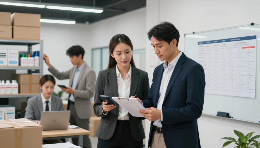A professional office environment during a corporate inventory process, showcasing a diverse team of four individuals engaged in inventory management. In the foreground, two individuals in business attire are examining a checklist and scanning items with a handheld device. In the middle ground, a woman is organizing boxes on a shelf, while a man analyzes data on a laptop. The background features an open office layout with shelves stocked with various products, bright overhead lighting casting a clean, focused atmosphere. A large whiteboard displays inventory metrics, creating a sense of organization and progress. The image captures a collaborative and efficient mood, emphasizing teamwork and diligence in the inventory process.