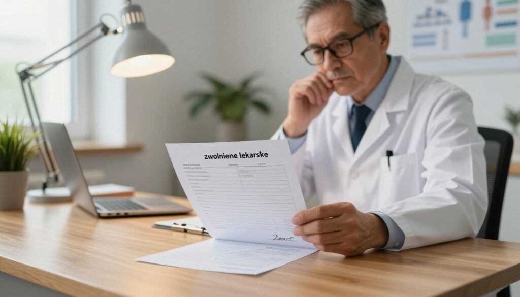 A professional office environment, featuring a focused medical professional examining a "zwolnienie lekarskie" (sick leave note) on a sleek wooden desk. In the foreground, the document is prominently displayed, showcasing details such as a doctor's signature and medical stamps. The middle ground reveals the doctor, a middle-aged individual in a white lab coat, wearing glasses, with a thoughtful expression as they review the document under a soft desk lamp. The background shows a neatly organized office with medical charts and a potted plant, bathed in warm, natural light glowing through a window. The mood is serious yet calm, emphasizing professionalism and care in a medical setting, highlighting the importance of the sick leave process.