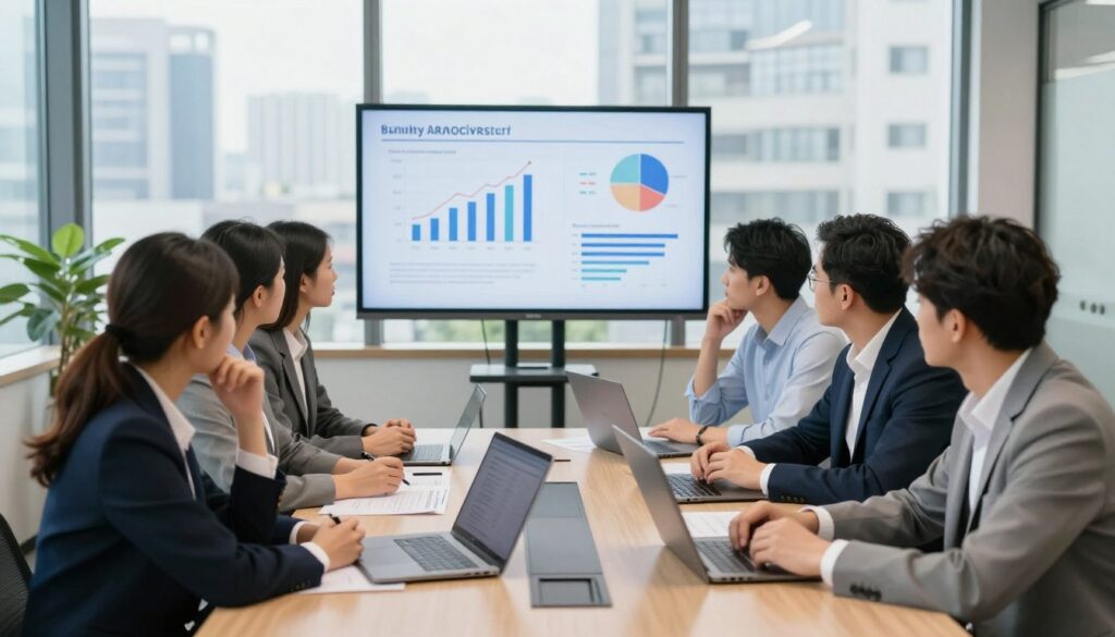 A professional office environment featuring a group of diverse employees gathered around a conference table, discussing the topic of group layoffs. The foreground includes focused individuals in business attire, some with laptops and paperwork, conveying a sense of urgency and seriousness. The middle ground shows a large presentation screen displaying graphs and statistics about financial issues and employee rights during bankruptcy. The background offers a well-lit office space with cityscape views through large windows, signifying a corporate setting. Use natural lighting to enhance the atmosphere, creating a tense yet cooperative mood. Capture the scene from an eye-level angle, showcasing the interactions among the workers.