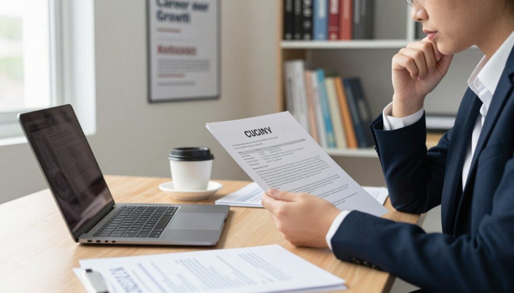 A professional office environment, focused on a well-organized desk featuring a laptop, neatly arranged documents, and a cup of coffee. In the foreground, a person in formal business attire reviews a CV, with a thoughtful expression on their face. The middle ground shows a motivational poster on the wall about career growth and education, while a bookshelf filled with educational materials and job-related books forms the background. Soft, natural lighting coming from a nearby window creates a warm and inviting atmosphere, suggesting productivity and focus. The image conveys a sense of diligence and the importance of aligning educational qualifications with job expectations, ideal for illustrating a section on tailoring education in a CV. A professional office environment, focused on a well-organized desk featuring a laptop, neatly arranged documents, and a cup of coffee. In the foreground, a person in formal business attire reviews a CV, with a thoughtful expression on their face. The middle ground shows a motivational poster on the wall about career growth and education, while a bookshelf filled with educational materials and job-related books forms the background. Soft, natural lighting coming from a nearby window creates a warm and inviting atmosphere, suggesting productivity and focus. The image conveys a sense of diligence and the importance of aligning educational qualifications with job expectations, ideal for illustrating a section on tailoring education in a CV.
