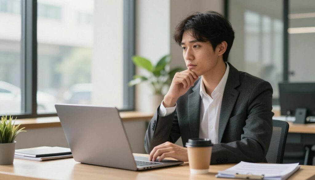 A professional office environment illustrating a person waiting for a response after sending their CV. The scene features an individual, dressed in smart business attire, sitting at a modern desk with a laptop open, a cup of coffee to the side. Their expression is a mix of anticipation and contemplation, as they gaze thoughtfully at the screen. In the background, a large window reveals a sunny day outside, with subtle reflections of indoor plants adding life to the environment. Soft, natural lighting creates a warm mood, while a shallow depth of field emphasizes the subject. The atmosphere conveys a sense of hopefulness and professionalism as the individual prepares to follow up with class. A professional office environment illustrating a person waiting for a response after sending their CV. The scene features an individual, dressed in smart business attire, sitting at a modern desk with a laptop open, a cup of coffee to the side. Their expression is a mix of anticipation and contemplation, as they gaze thoughtfully at the screen. In the background, a large window reveals a sunny day outside, with subtle reflections of indoor plants adding life to the environment. Soft, natural lighting creates a warm mood, while a shallow depth of field emphasizes the subject. The atmosphere conveys a sense of hopefulness and professionalism as the individual prepares to follow up with class.