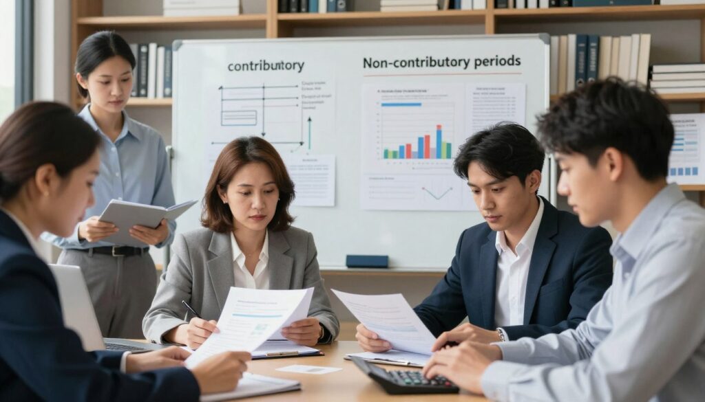 A professional office environment illustrating the concepts of "contributory" and "non-contributory periods" in relation to retirement benefits. In the foreground, a diverse group of professionals in business attire, including a middle-aged woman reviewing documents and a young man calculating on a calculator, surrounded by charts depicting employment history. In the middle, a large whiteboard filled with diagrams explaining the differentiation between the two types of work periods. In the background, shelves lined with books and financial reports. Soft, natural lighting creates a bright and focused atmosphere, while a slight depth of field draws attention to the professionals actively engaged in discussion. The overall mood is serious yet collaborative, emphasizing the importance of understanding work periods for retirement planning.