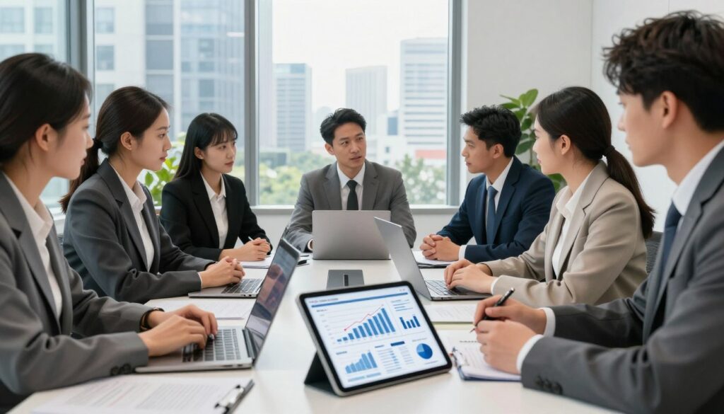 A professional office environment, showcasing a group of diverse business professionals in smart attire, gathered around a sleek conference table. They are engaged in discussion, with laptops and documents open in front of them. The foreground highlights a close-up of a digital tablet displaying various data graphs and 'red flag' indicators related to company information. In the middle ground, a large window reveals a bustling cityscape, suggesting a business district. Natural light floods the room, creating an inviting and focused atmosphere. The background features a contemporary office design, with minimalist decor and plants that add a touch of life. The mood is serious yet collaborative, reflecting the importance of due diligence in business partnerships.