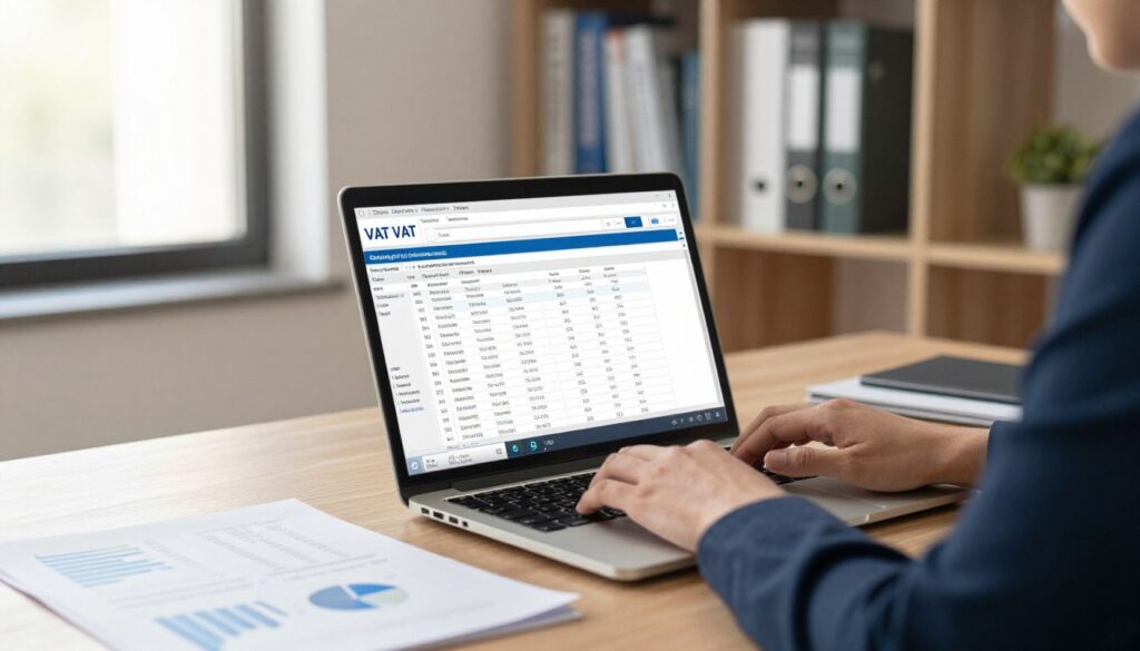 A professional office environment, showcasing a well-organized desk with a laptop open displaying a digital VAT register. In the foreground, a close-up of hands typing on the keyboard, symbolizing active research. The middle ground highlights a printed document with graphs and tax information, emphasizing data analysis. A bookshelf filled with financial literature and accounting books creates depth in the background. Soft, natural lighting filters through a large window, casting gentle shadows and a warm glow. The overall mood is focused and professional, suggesting diligence and clarity in tax matters. The scene conveys the essence of finding taxpayer information, illustrating the importance of VAT data management in business operations. A professional office environment, showcasing a well-organized desk with a laptop open displaying a digital VAT register. In the foreground, a close-up of hands typing on the keyboard, symbolizing active research. The middle ground highlights a printed document with graphs and tax information, emphasizing data analysis. A bookshelf filled with financial literature and accounting books creates depth in the background. Soft, natural lighting filters through a large window, casting gentle shadows and a warm glow. The overall mood is focused and professional, suggesting diligence and clarity in tax matters. The scene conveys the essence of finding taxpayer information, illustrating the importance of VAT data management in business operations.