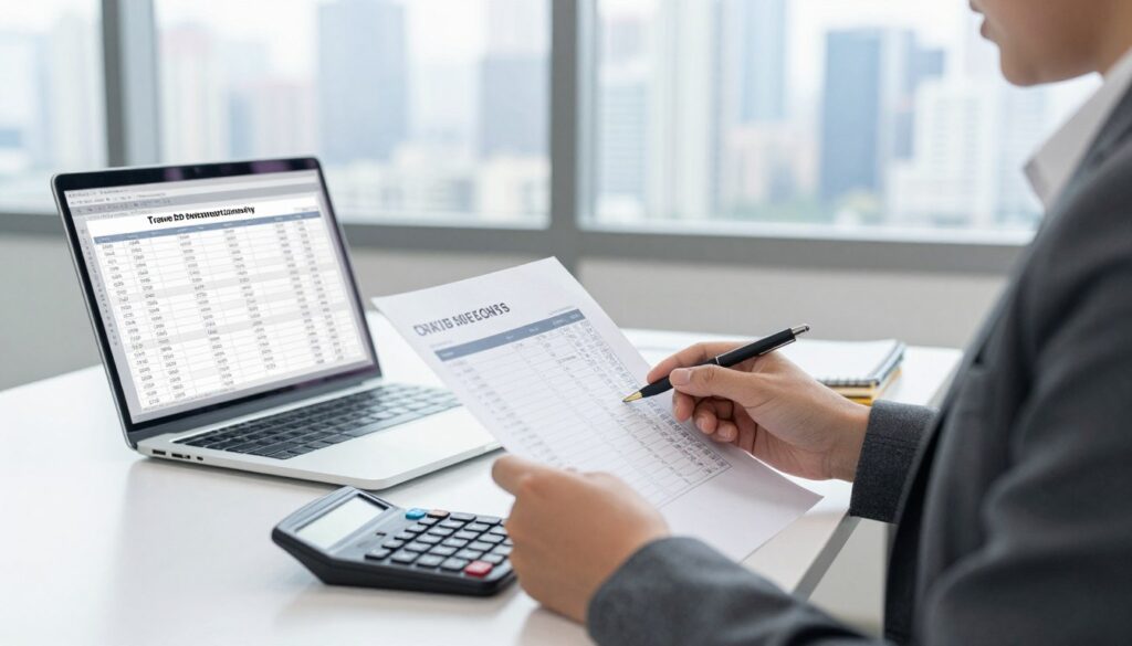 A professional office environment showcasing the concept of travel cost reimbursement. In the foreground, an employee in smart business attire is examining a document with expense receipts and a calculator on a desk, symbolizing the process of calculating travel expenses. The middle ground features a laptop with a financial spreadsheet open, highlighting figures related to commuting costs. In the background, a city skyline through a large window hints at commute routes. The lighting is bright and natural, creating an optimistic atmosphere. Use a soft focus lens effect to emphasize the employee's concentration while keeping the background details slightly blurred. The overall mood should be professional and informative, emphasizing the importance of financial management in the workplace.