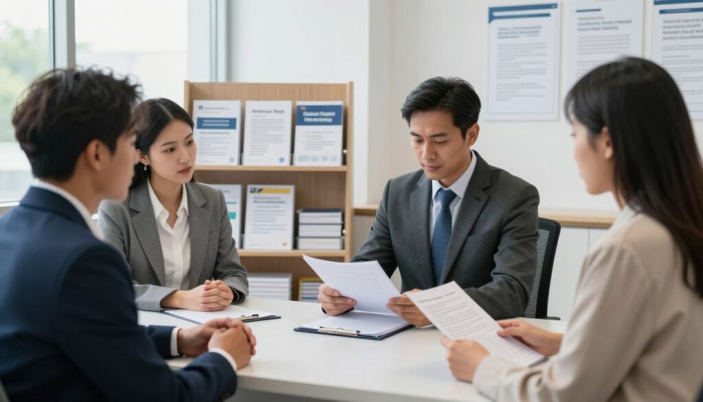 A professional office scene depicting a consultation at a government employment office. In the foreground, a diverse group of three individuals, dressed in smart business attire, are engaged in an animated discussion. A male advisor sits at a desk, reviewing a folder filled with documents, while a female client looks thoughtfully at a completed form. The middle ground features shelves filled with brochures and informational materials about workers’ rights and employment benefits. The background showcases large windows allowing natural light to flood the room, creating an inviting atmosphere. The overall mood is focused and informative, emphasizing the significance of employment services on workers' rights. The image should have a clean, professional aesthetic with soft lighting, capturing the essence of a supportive work environment. A professional office scene depicting a consultation at a government employment office. In the foreground, a diverse group of three individuals, dressed in smart business attire, are engaged in an animated discussion. A male advisor sits at a desk, reviewing a folder filled with documents, while a female client looks thoughtfully at a completed form. The middle ground features shelves filled with brochures and informational materials about workers’ rights and employment benefits. The background showcases large windows allowing natural light to flood the room, creating an inviting atmosphere. The overall mood is focused and informative, emphasizing the significance of employment services on workers' rights. The image should have a clean, professional aesthetic with soft lighting, capturing the essence of a supportive work environment.